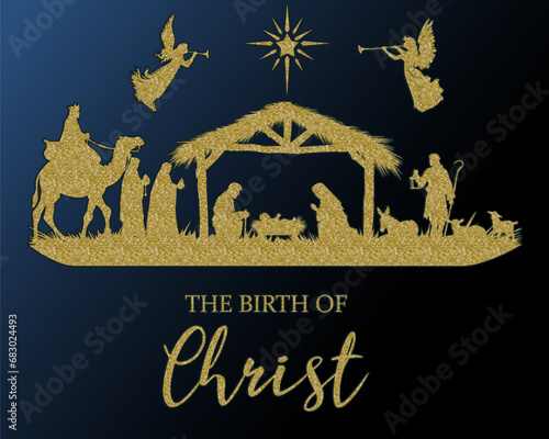 Historically accurate nativity scene with Joseph, Mary, Baby Jesus, shepherd, Wisemen, Angels and the star, gold glitter