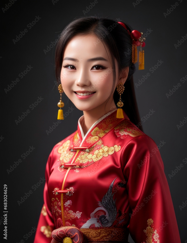 Portrait of a Chinese girl in traditional costume isolated on a black background. AI generative