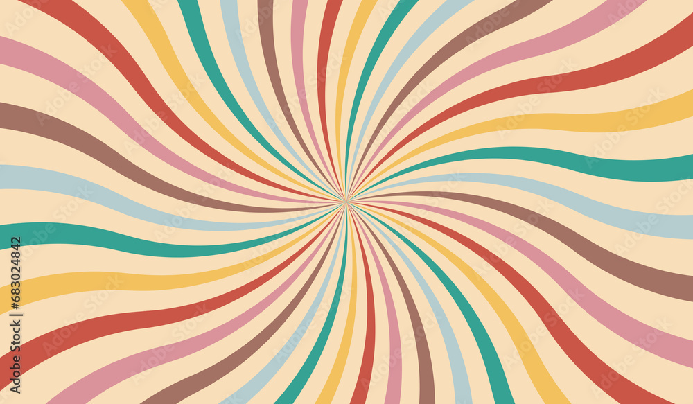 Groovy retro swirl burst, summer and carnival background. Vector illustration