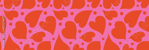 Retro psychedelic romantic background print. Melting red love heart seamless pattern illustration. Valentine's day holiday backdrop texture, liquid romantic shape wedding wallpaper design. Vector 