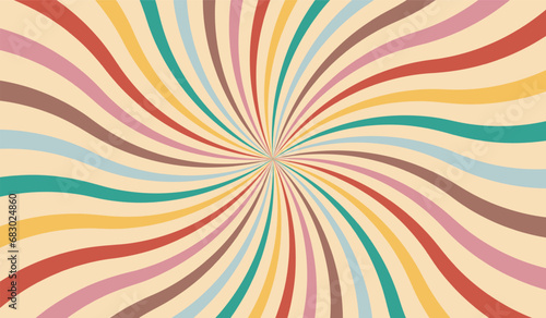 Groovy retro swirl burst, summer and carnival background. Vector illustration