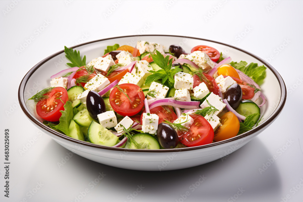 A Greek salad comprising of cheese and veg isolated on a white backdrop. A Greek salad comprising of cheese and veg isolated on a white backdrop.