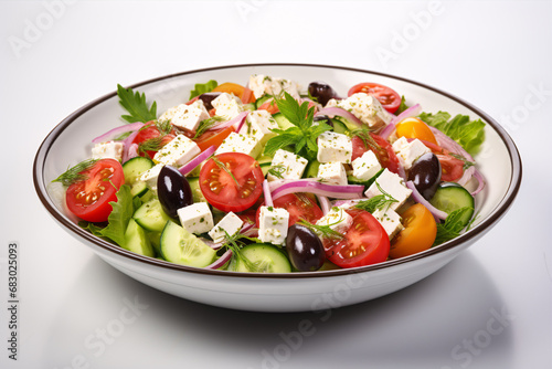 A Greek salad comprising of cheese and veg isolated on a white backdrop.