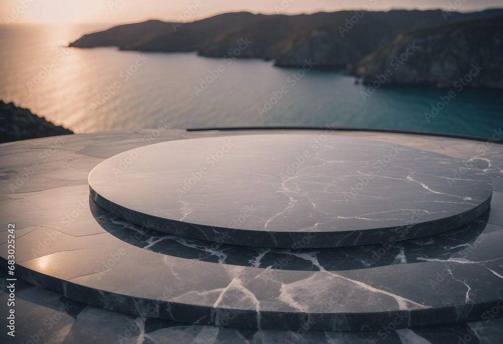Empty black round marble platform on blurred sea background