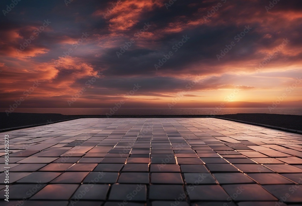 Dark floor background with beautiful sunset cloud night sky horizon the vacant marble mosaic square