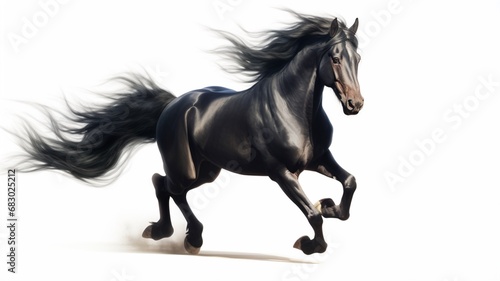 A black horse running against a white background Ai generated art © Popy