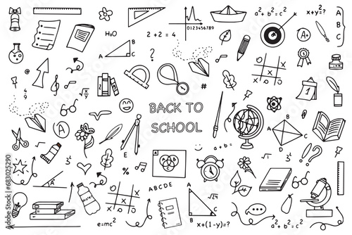 Background of school icons in doodle style. School education. Back to school doodle drawing. Vector illustration