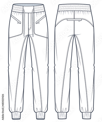 Jogger Pants technical fashion illustration. Denim Pants fashion flat technical drawing template, pocket, elastic waistband, front and back view, white color, women, men, unisex CAD mockup. photo