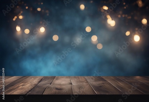 Empty wooden table for product display montages Dark blue smoke background