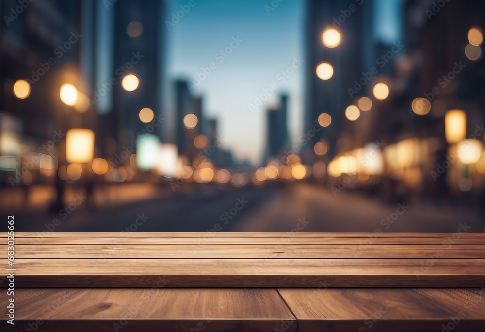 Wooden table top on blur city background - can be used for display or montage your products High quality