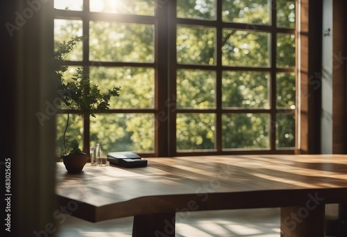 Wooden table stands in a room of natural light front of a large window a view of trees
