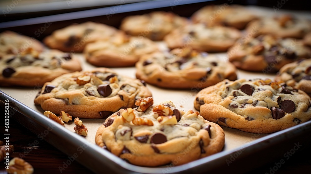 tray of freshly baked cookies, with chocolate chips and chunks of nuts peeking out from the dough.