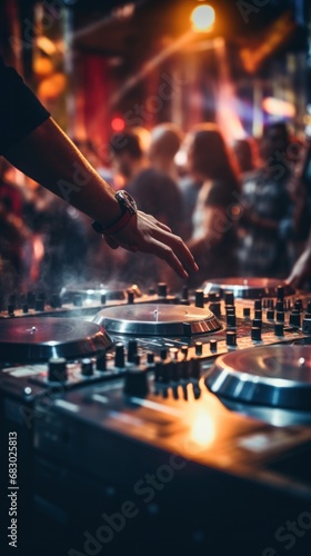 DJ's hands on a mixing board, with a blurred background of energetic partygoe...