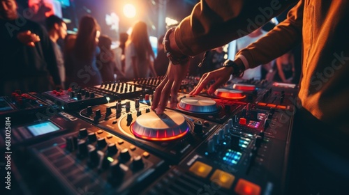 DJ's hands on a mixing board, with a blurred background of energetic partygoe...