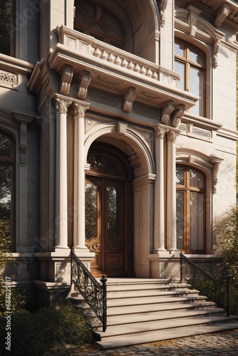 Entrance to the house with stairs  forged railings and columns on both sides. Classic architectural style