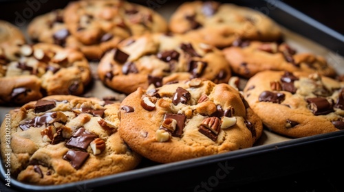 tray of freshly baked cookies, with chocolate chips and chunks of nuts peeking out from the dough.