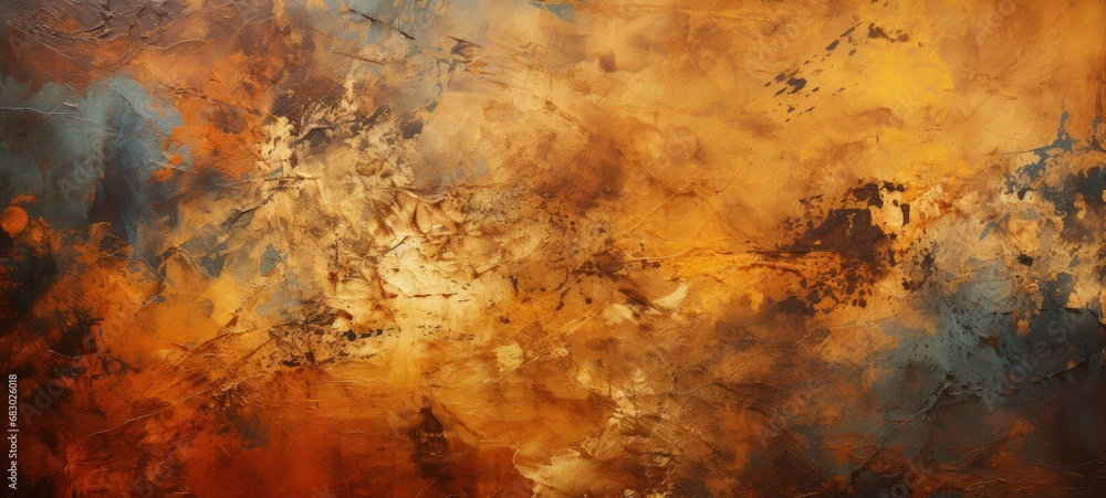 Aged and Artistic Abstract Painting with Orange, Brown, and Blue Palette