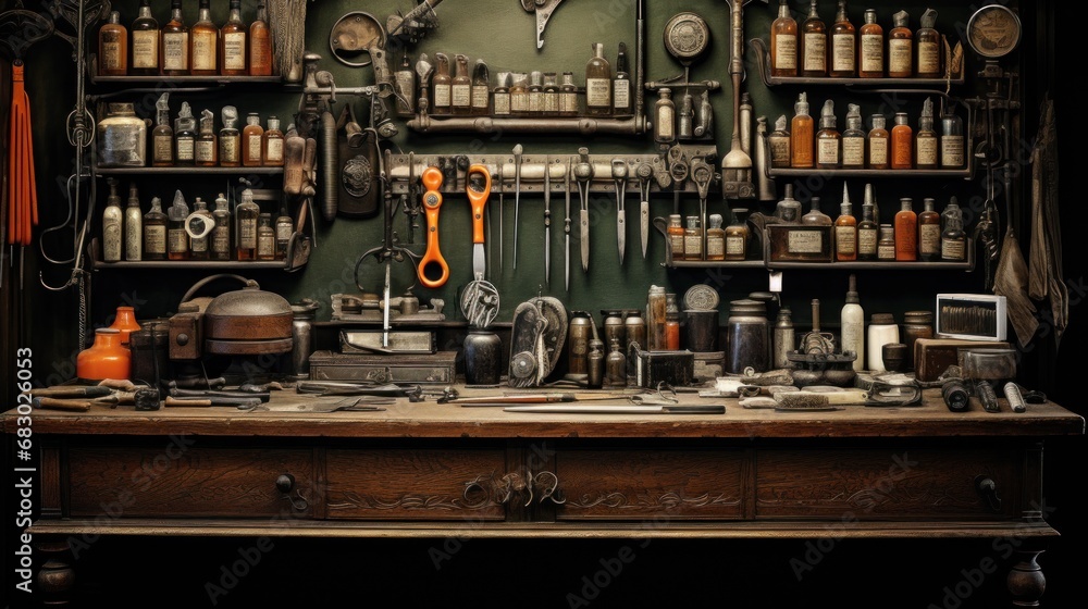 barber's tools arranged, including scissors, combs, razors, and other implements of the trade. barber's tools arranged, including scissors, combs, razors, and other implements of the trade.