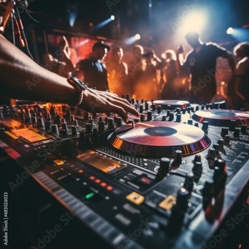 DJ's hands on a mixing board, with a blurred background of energetic partygoers dancing in the club © olegganko