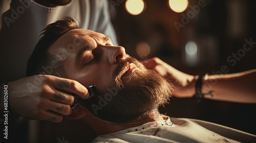 barber's hand holding a straight razor poised to shave a client's beard