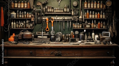 barber's tools arranged, including scissors, combs, razors, and other implements of the trade.