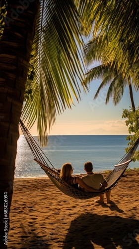 couple lounging on a hammock tied between two palm trees on sandy beach with ...