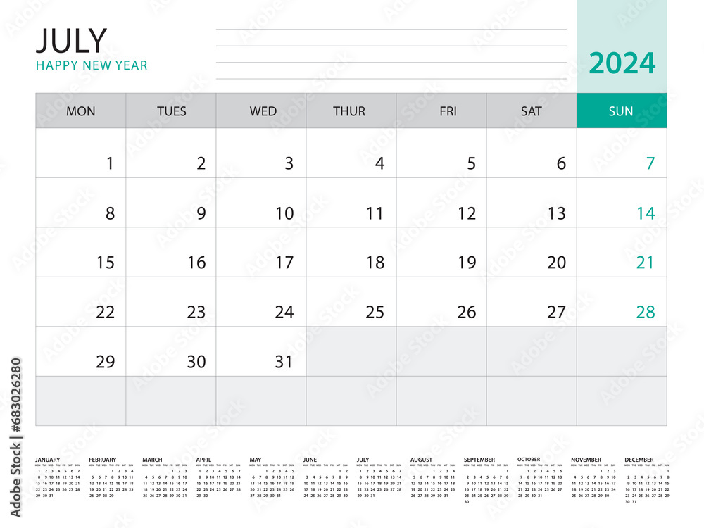 July 2024-Calendar 2024 template vector on green background, week start ...