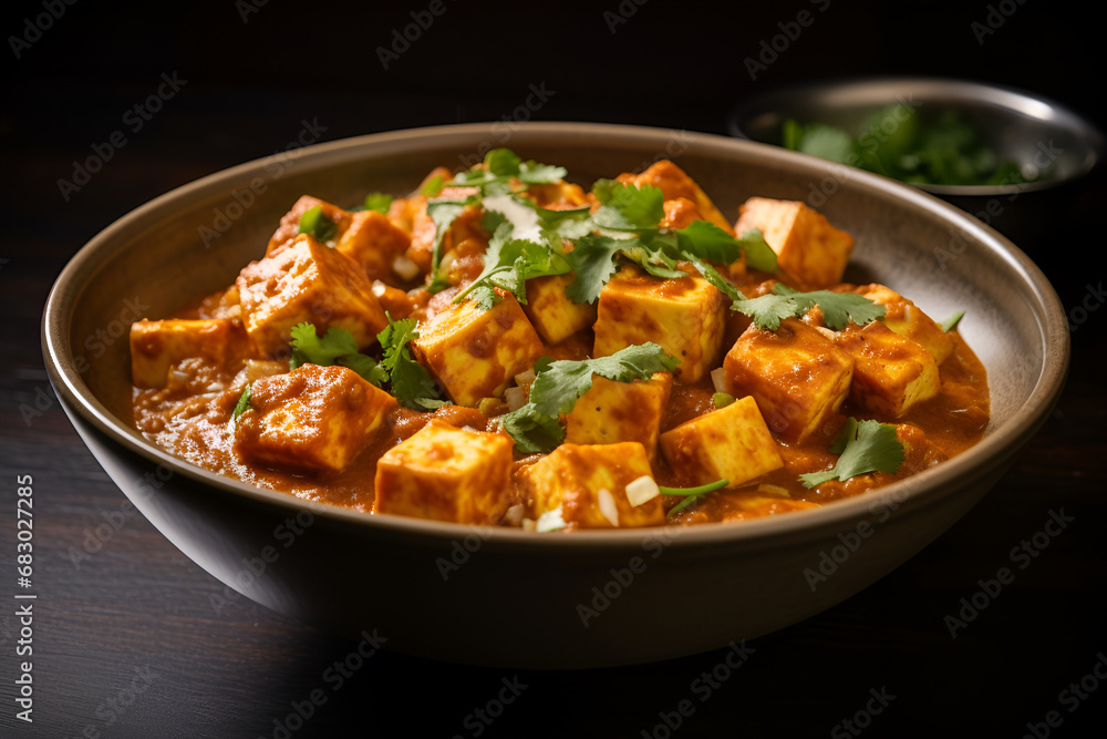 Delicious Butter Paneer Dish in a black Bowl Delicious Butter Paneer Dish in a black Bowl