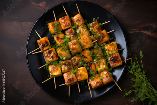 Paneer Tikka at skewers in black bowl at dark slate background. Paneer tikka is an indian cuisine dish with grilled paneer cheese with vegetables and spices. Indian food.