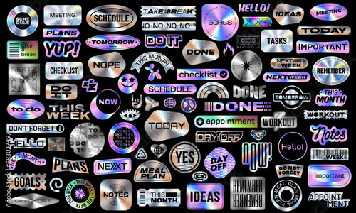 Collection of Vector Illustrations with Iridescent Foil Film. Set of Digital Holographic Modern Retro Futuristic Motivational Quotes. Shapes of Word with Hologram effects. Planner Sticker Scrapbook