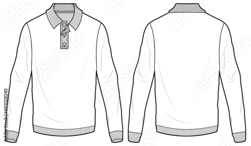 Men's long sleeve polo collar T Shirt flat sketch fashion illustration drawing template mock up with front and back view. Rugby t-shirt vector cad drawing