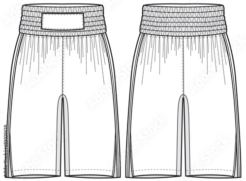 Boxing Shorts jersey design flat sketch fashion illustration, Combat shorts concept with front and back view for Kick boxing, fight, wrestling, martial arts and tracking active wear shorts design.
