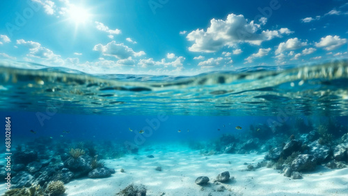 Half underwater shot, clear turquoise water and sunny blue sky with clouds. Tropical ocean. Beautiful seascape.