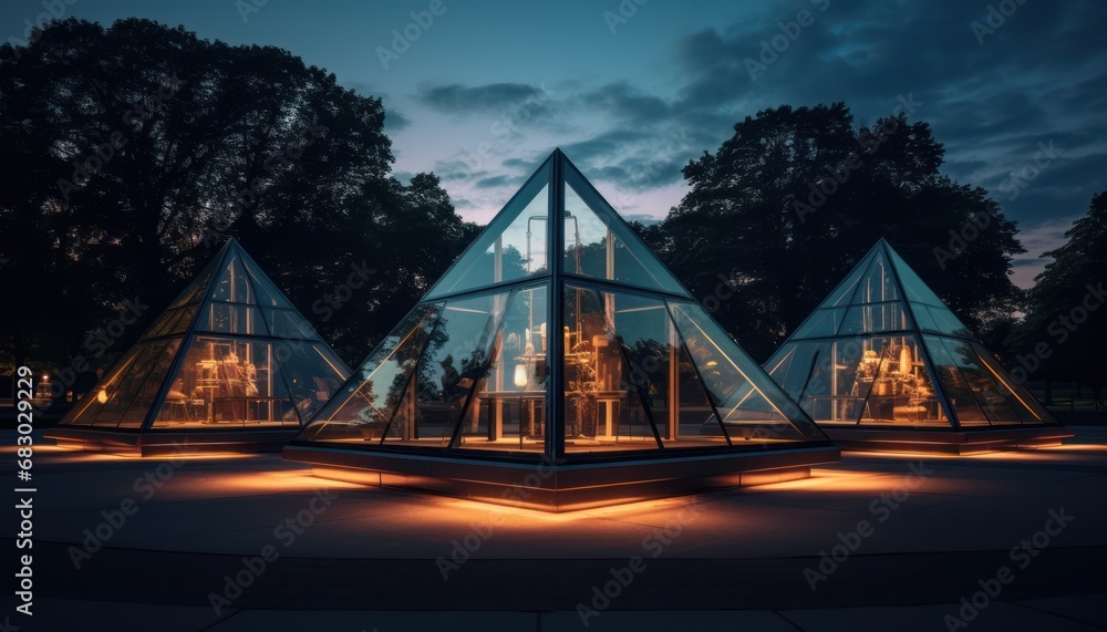 Naklejka premium Illuminated Glass Pyramids Rising in the Night Sky