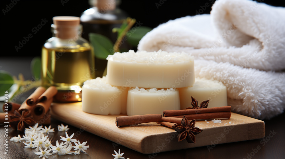 Stack of spicy soap and candles on dark background. Spa composition with AI generative Stack of spicy soap and candles on dark background. Spa composition with AI generative