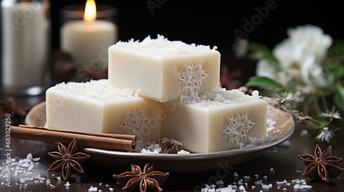 Stack of spicy soap and candles on dark background. Spa composition with AI generative photo