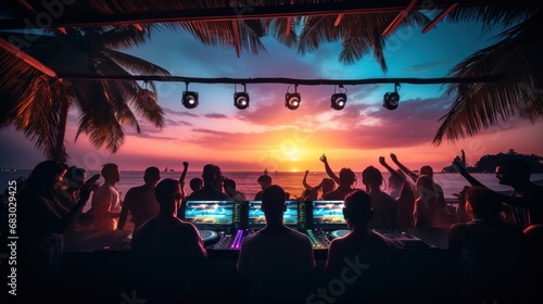 A DJ booth on the beach with a crowd of people dancing and having fun in the ...