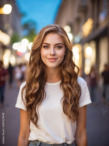 Potrait of beautiful white girl, street blur background. Generative AI