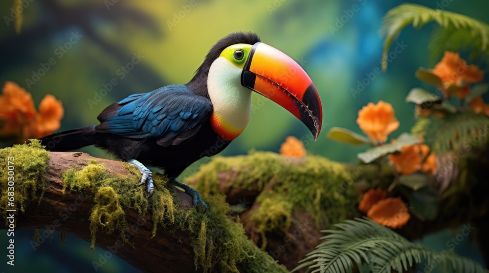 Fototapeta premium Tropical Toucan on Mossy Perch Amongst Florals