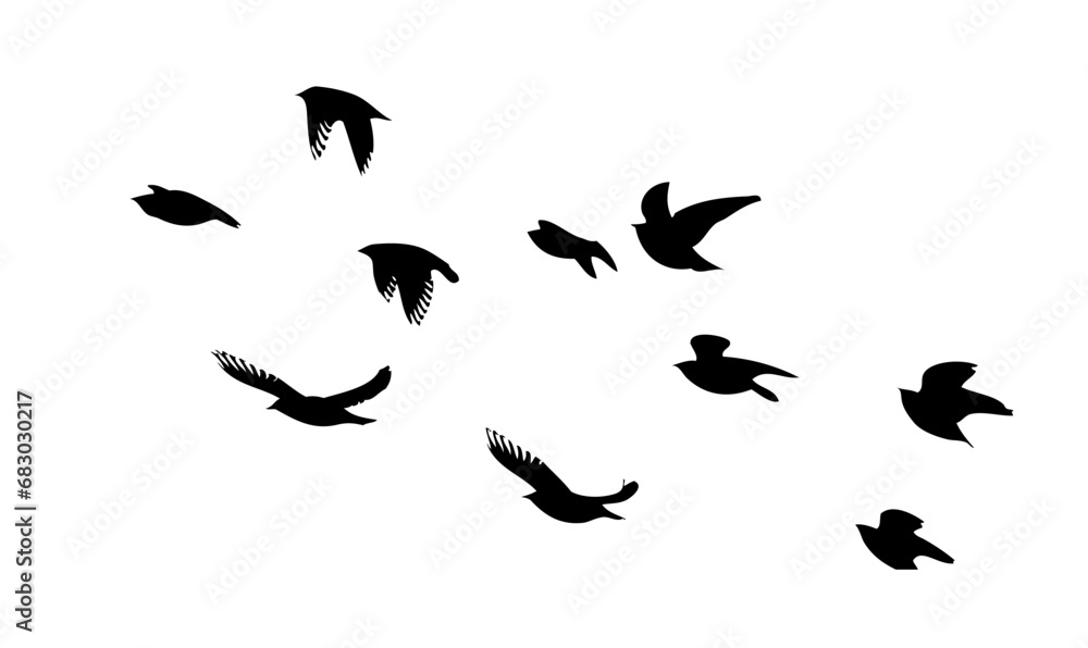 Obraz premium Flying birds silhouette flock. hand drawing. Not AI, Vector illustration