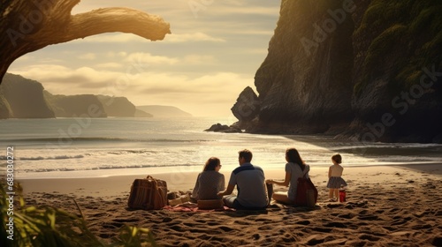 A family having a picnic on a secluded beach, with a backdrop of towering cliffs and crashing waves