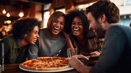 group of friends gathered around a table, each holding a slice of pizza with ...