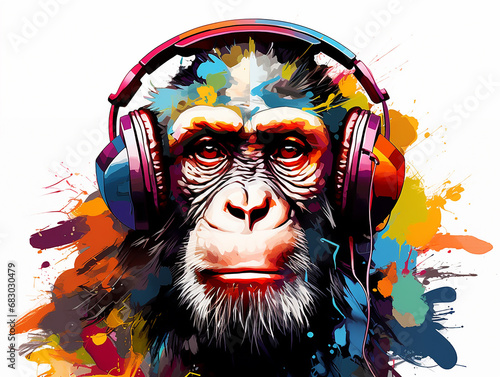 macaco colorido com fones de ouvido  photo