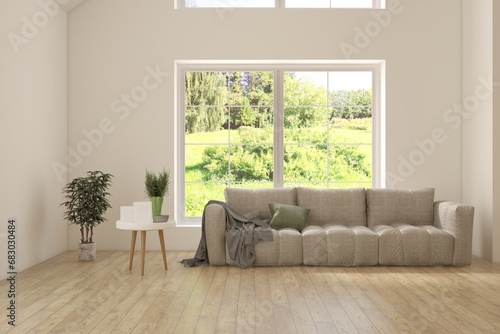 Modern interior concept with sofa and summer landscape in window. 3D illustration