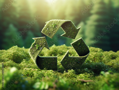 The recycling symbol made of moss stands in the midst of a fresh green forest.