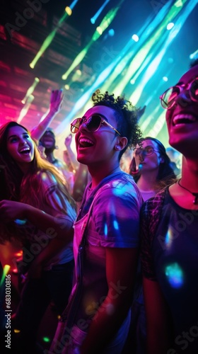 A group of young people dancing and laughing together in a packed nightclub