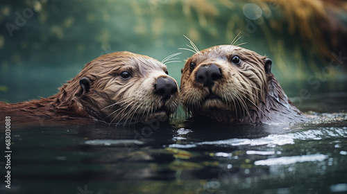 two otter lying in water holding hands © Zanni
