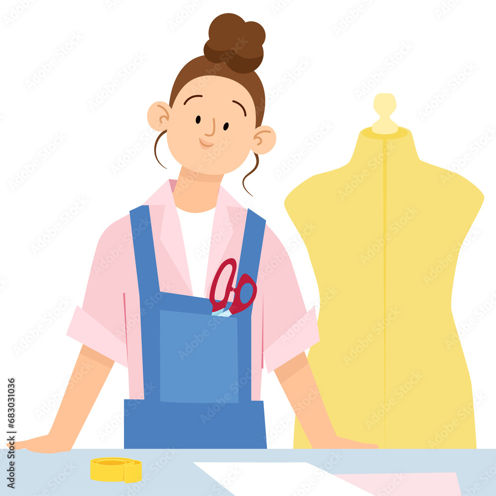 Young flat woman seamstress with mannequin, scissors and table for work Young flat woman seamstress with mannequin, scissors and table for work