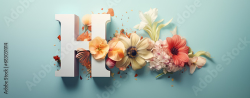 capital letter H Spring card with floral decoration, flowers, spring background, logo