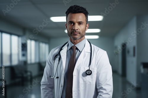 Handsome middle aged latin american doctor with white coat and a stethoscope on his shoulder standing on a hospital corridor